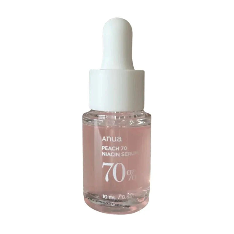 Anua niacinamide serum mini in a clear 10ml bottle with white dropper and pink liquid