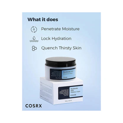 Cosrx hyaluronic acid moisturizer jar and box with hydration benefits listed on blue background