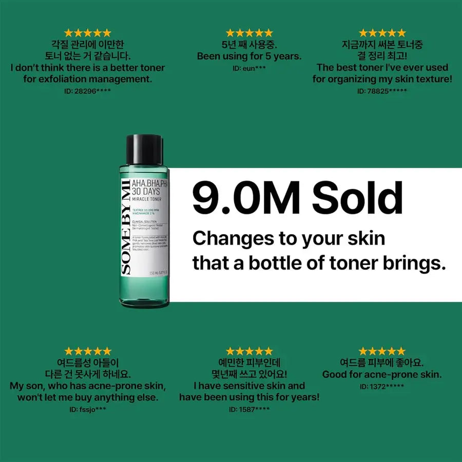 Some By Mi AHA BHA PHA toner bottle with positive customer reviews highlighting exfoliation and acne-prone skin benefits