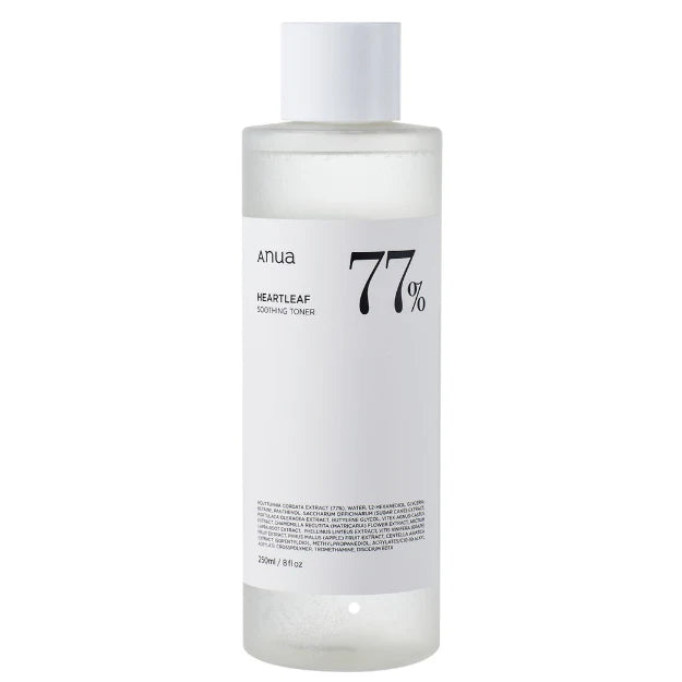 Anua Heartleaf 77 Soothing Toner in a clear bottle with white label and white cap for calming skin