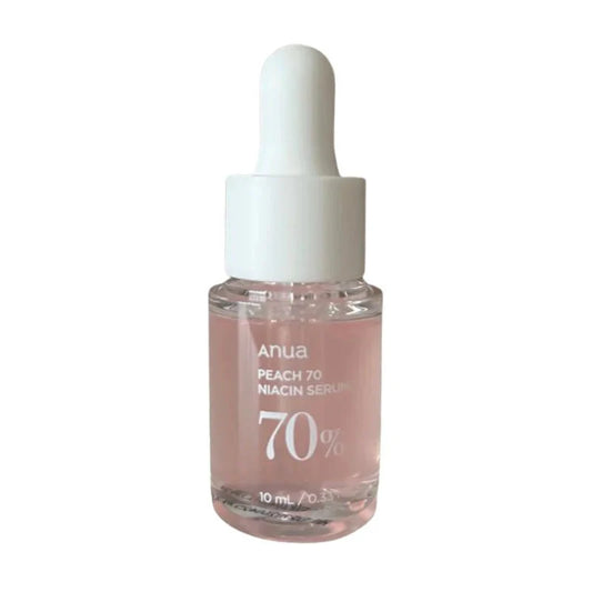 Anua niacinamide serum mini in a clear 10ml bottle with white dropper and pink liquid