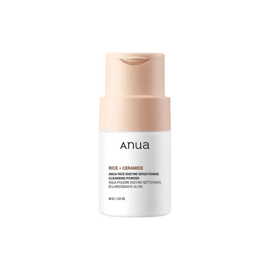 Anua rice enzyme cleansing powder brightening face cleanser in a white and beige bottle