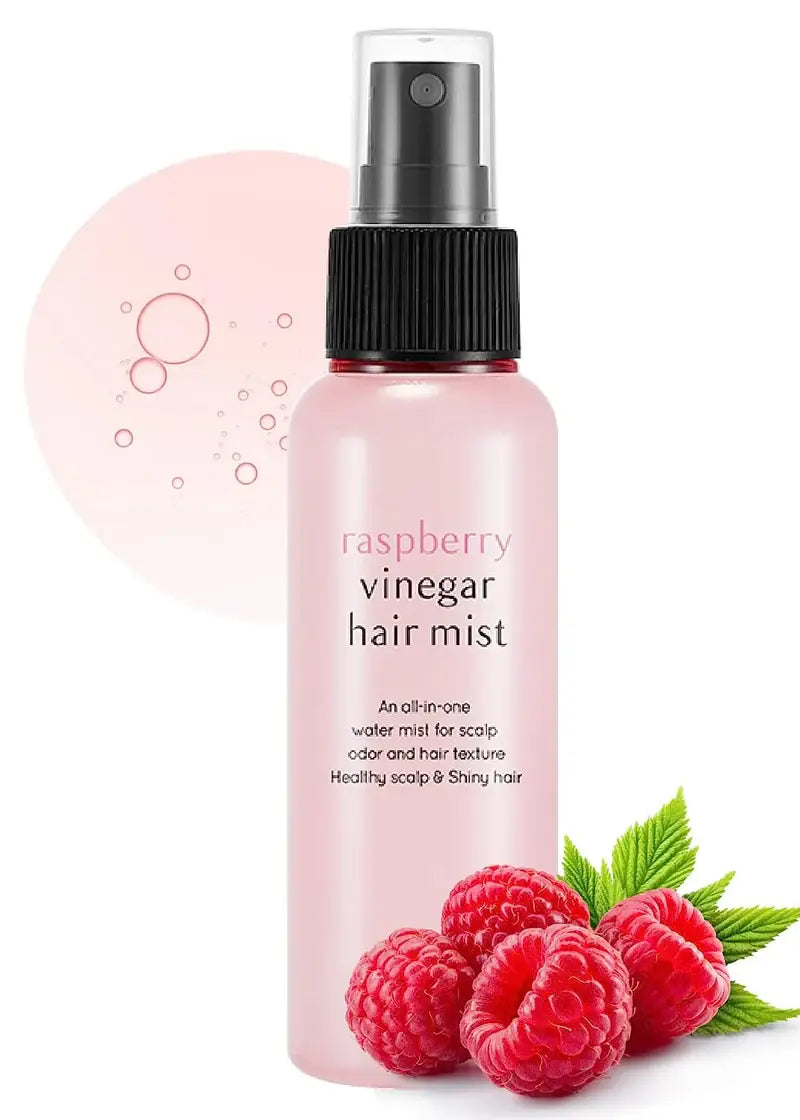 Zuzu Aura Raspberry Vinegar Hair Mist in a spray bottle for shiny hair and healthy scalp. Sea salt mist for hair.