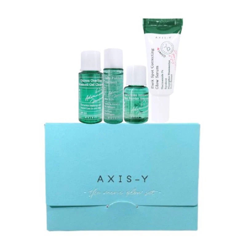 AXIS-Y Mini Glow Set skincare with four green skincare bottles and a turquoise box