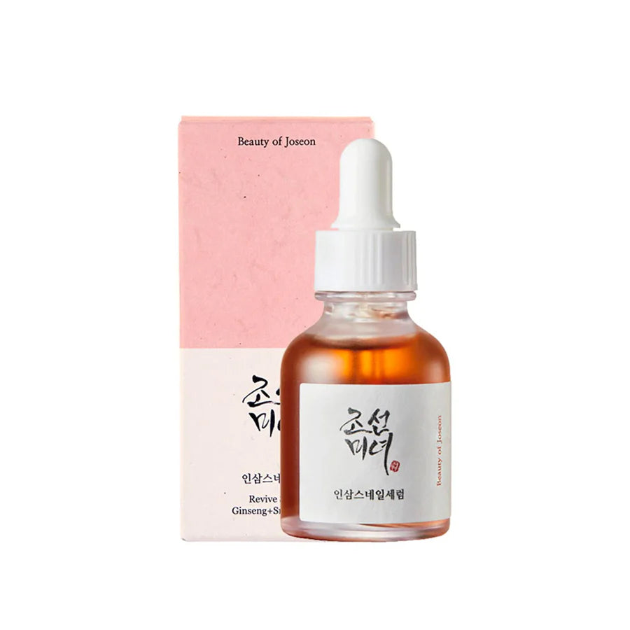Beauty Of Joseon ginseng snail mucin serum bottle with dropper and pink white packaging