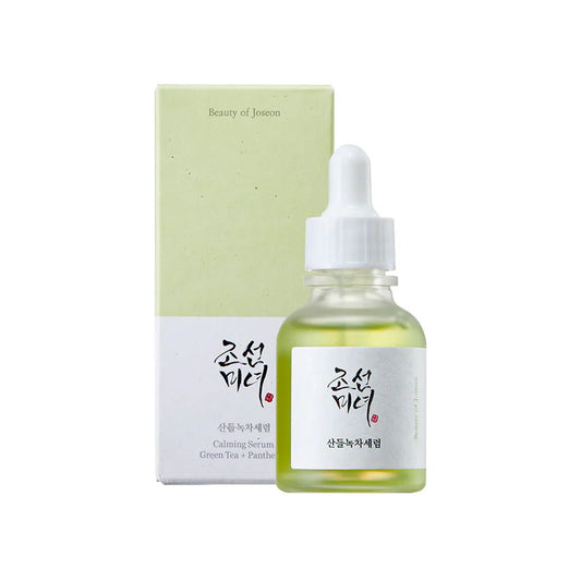 Beauty Of Joseon green tea calming serum toner in frosted glass bottle with dropper and green white box