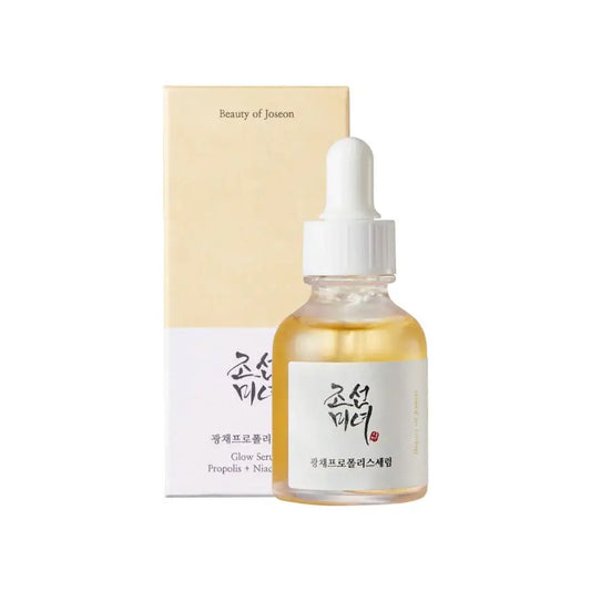 Beauty Of Joseon Propolis Niacinamide Serum in a clear glass bottle for glowing skin