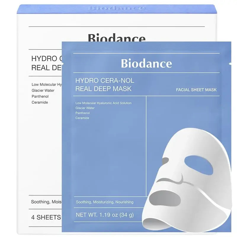 Biodance Hydro Cera-Nol Real Deep Mask containing 4 sheets for soothing moisture, featuring a face mask