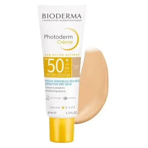 Bioderma Photoderm Cream with SPF 50+ for sensitive skin, featuring a tinted sunscreen cream tinted texture