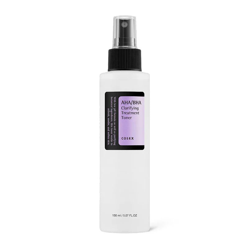 Cosrx AHA BHA toner for acne in white spray bottle with purple and black label