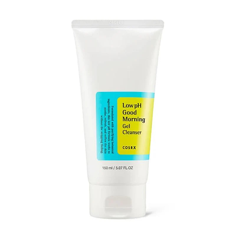 Cosrx Low pH Gel Cleanser in white tube with blue and yellow label for gentle morning face cleansing