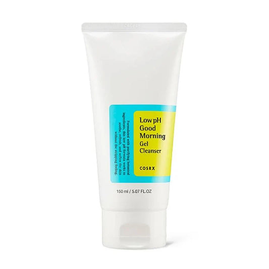 Cosrx Low pH Gel Cleanser in white tube with blue and yellow label for gentle morning face cleansing