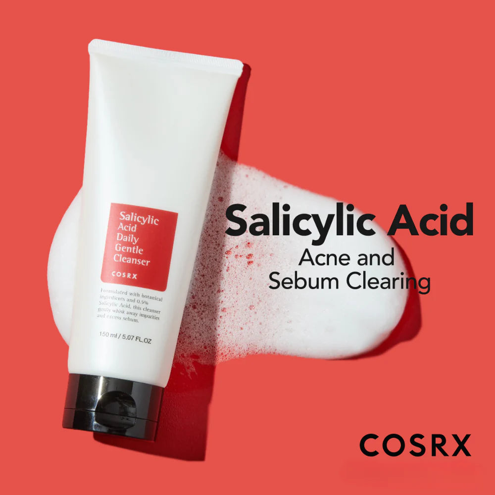 Cosrx salicylic acid facial cleanser tube on red background with foam acne and sebum clearing