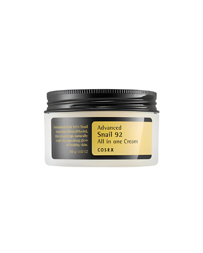Cosrx Snail 92 cream in a white jar with black lid moisturizing advanced snail all in one cream