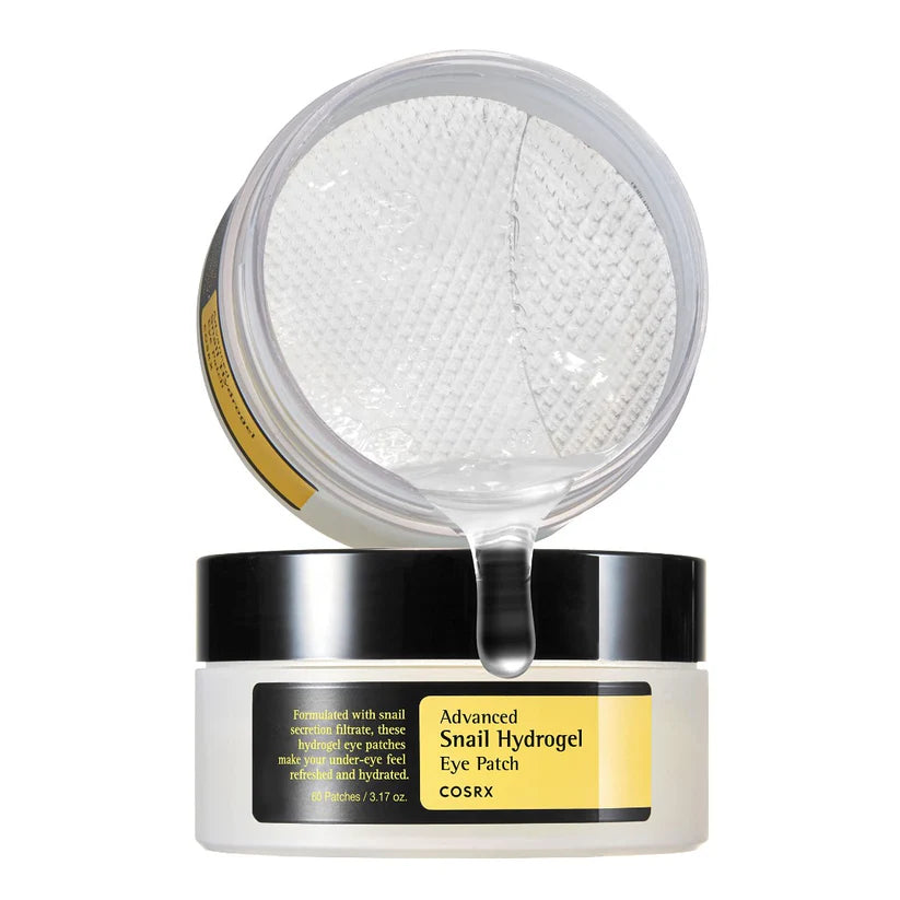 Cosrx snail hydrogel eye patch container with clear patches and gel dripping from lid