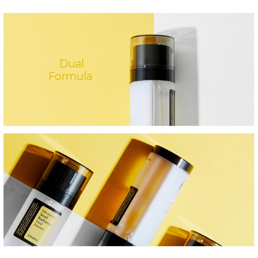 Cosrx toner bottle with dual formula labeled snail mucin essence for glowing skin on yellow background