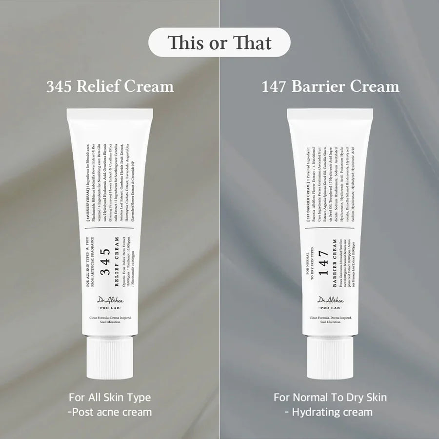 Dr. Althea 147 barrier cream 50ml review showing hydrating cream for normal to dry skin beside 345 relief cream for all skin types