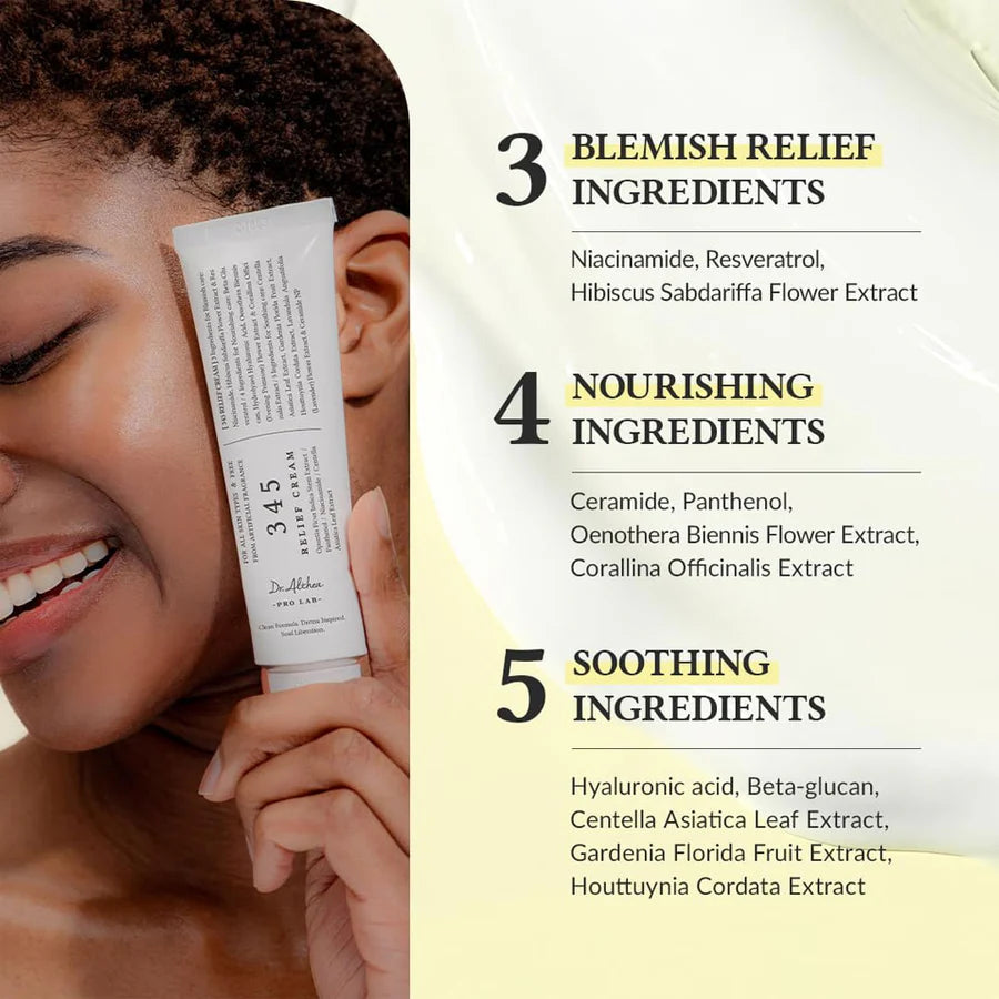 Dr Althea 345 Relief Cream 50ml held by smiling woman highlighting blemish relief nourishing and soothing ingredients