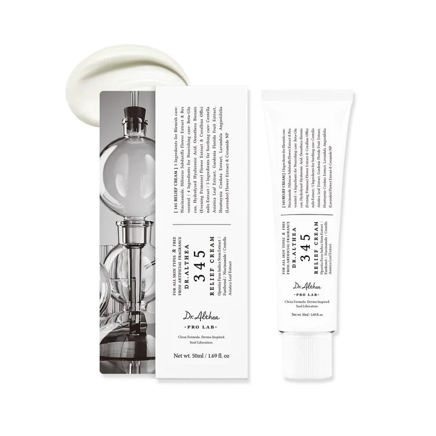Dr. Althea 345 Relief Cream 50ml tube and packaging with cream texture for moisturizing and soothing skin