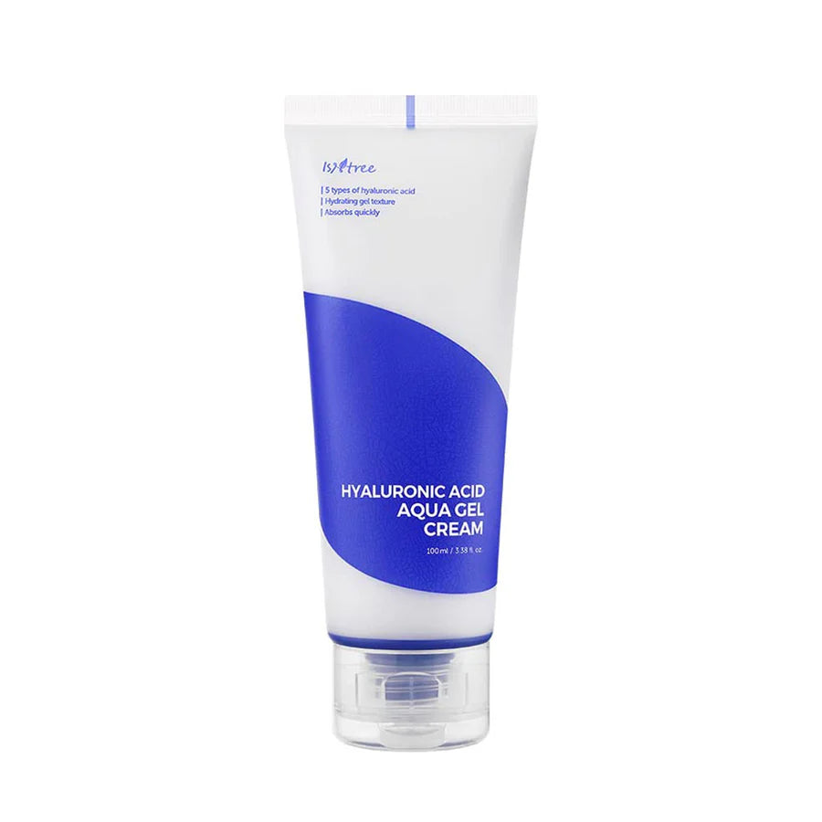 Isntree hyaluronic acid gel cream in a white and blue squeeze tube moisturizer