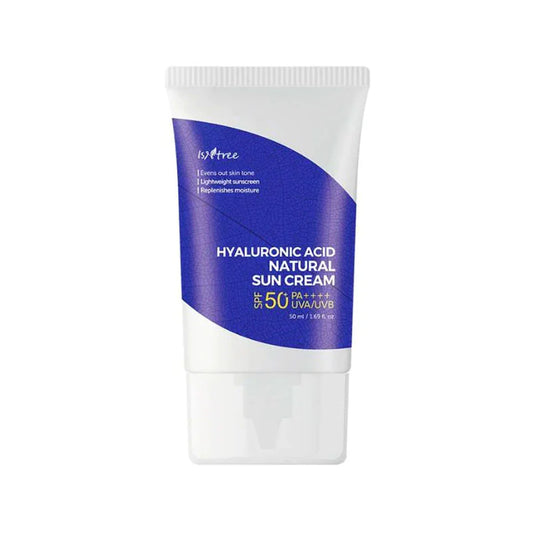 Isntree SPF 50 moisturizer with hyaluronic acid natural sun cream in white and blue tube