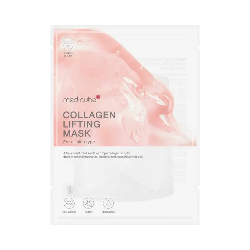 Medicube Collagen Lifting Mask packaged for all skin types with anti-wrinkle and moisturizing benefits