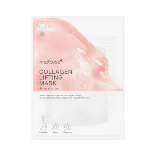 Medicube Collagen Lifting Mask packaged for all skin types with anti-wrinkle and moisturizing benefits