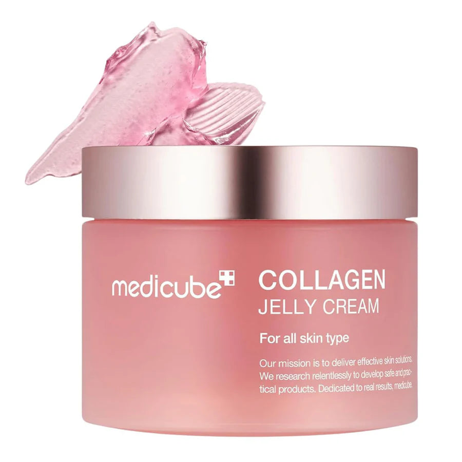 Medicube collagen jelly cream in pink jar with translucent pink cream swatch for anti-aging skincare