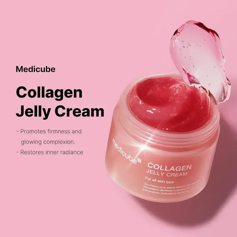 Medicube Collagen Jelly Cream in jar promotes firmness for glowing skin and restores inner radiance