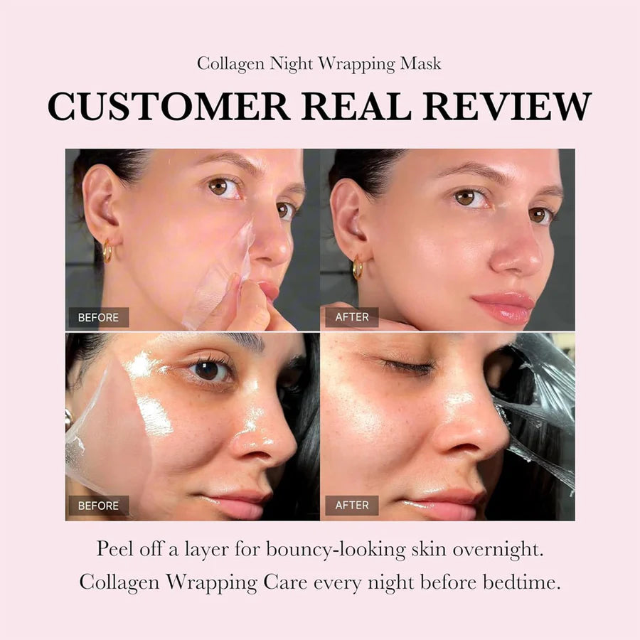 Medicube collagen night wrapping mask 75ml applied on face showing before and after peel results for bouncy skin
