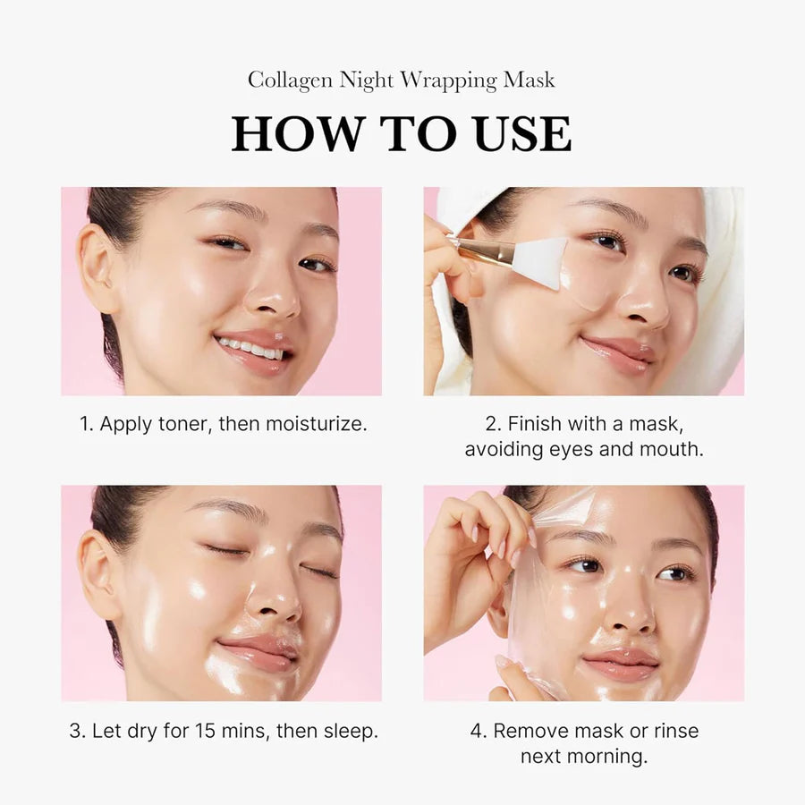 Step-by-step guide for using Medicube collagen night wrapping mask 75ml showing application and removal