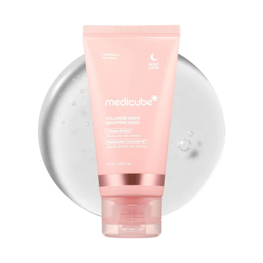Medicube collagen night wrapping mask 75ml tube with a pink design on clear gel background