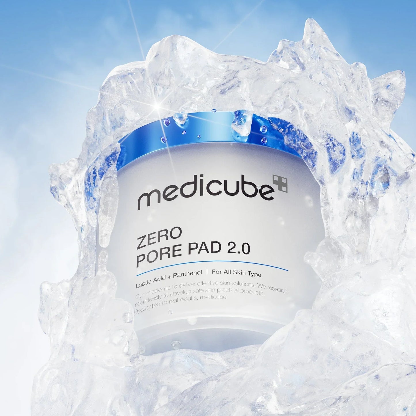 Medicube zero pore pad for oily skin container surrounded by ice under bright sky