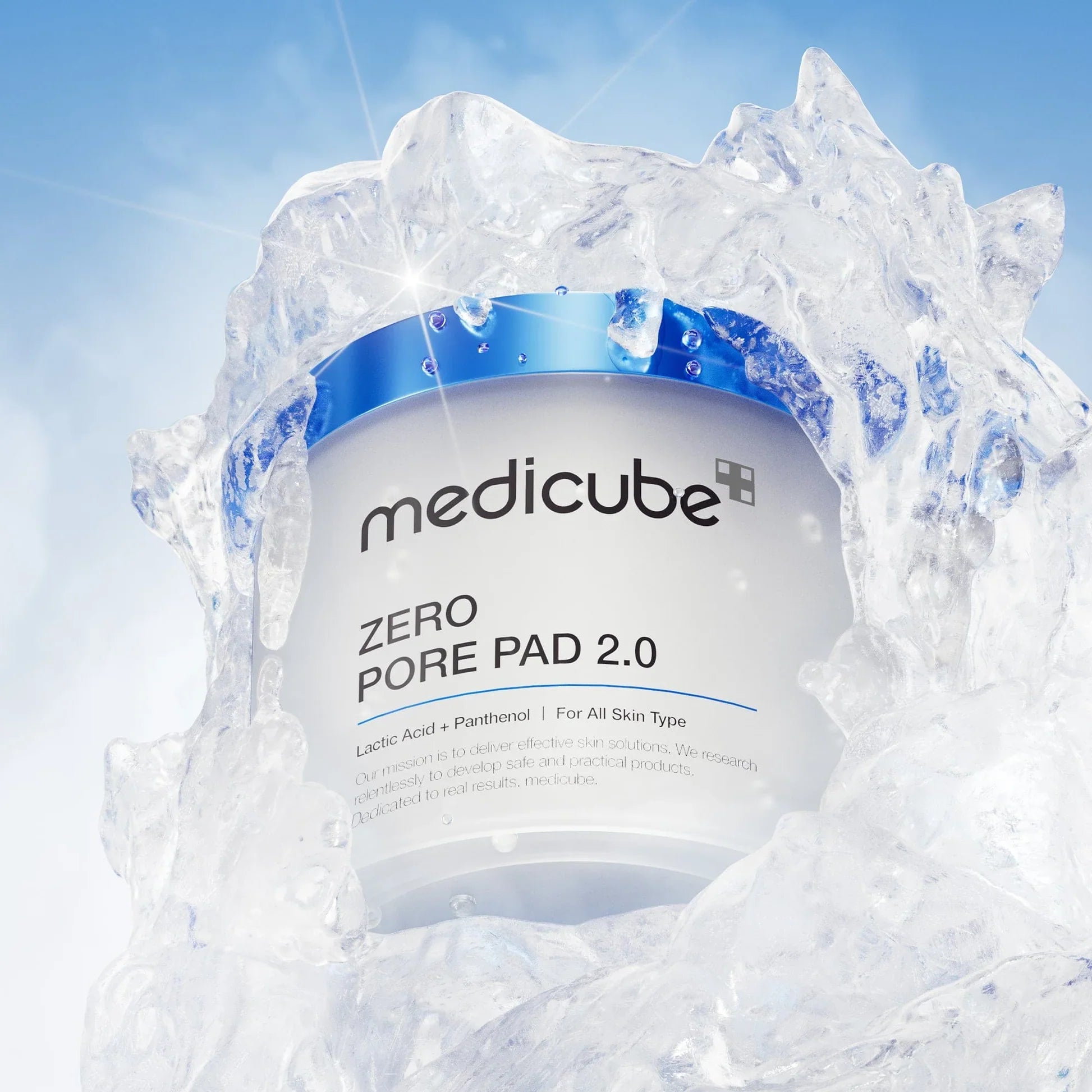 Medicube zero pore pad for oily skin container surrounded by ice under bright sky