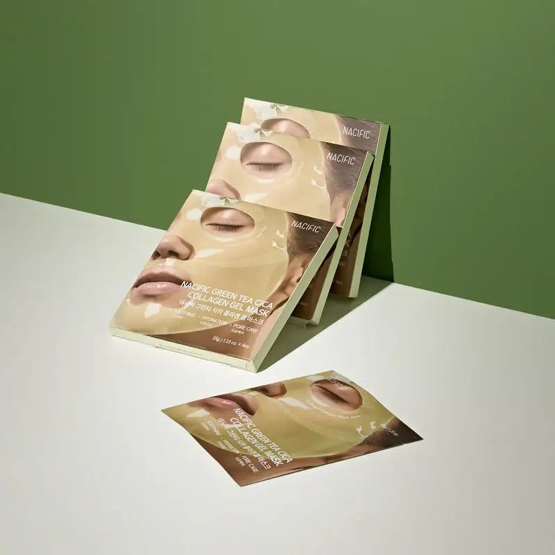 Zuzu Aura green tea mask sheets for hydration and firming skin, designed for a soothing facial treatment