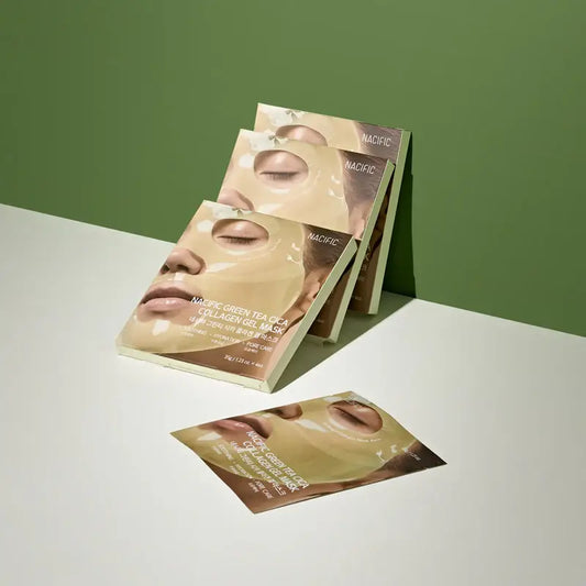 Zuzu Aura green tea mask sheets for hydration and firming skin, designed for a soothing facial treatment