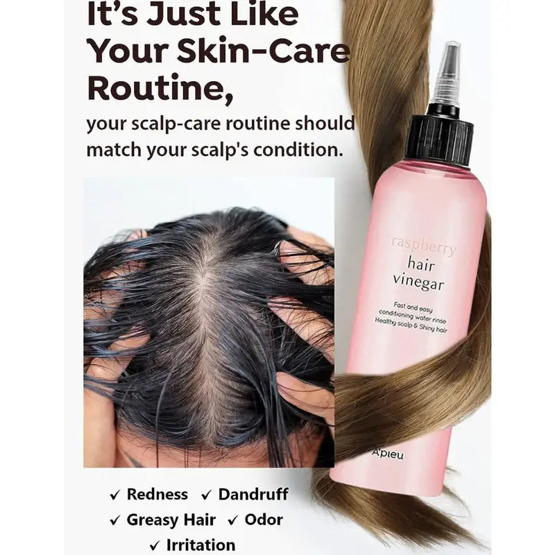 Zuzu Aura Raspberry Hair Vinegar for dry scalp treatment with a user applying it for relief from irritation