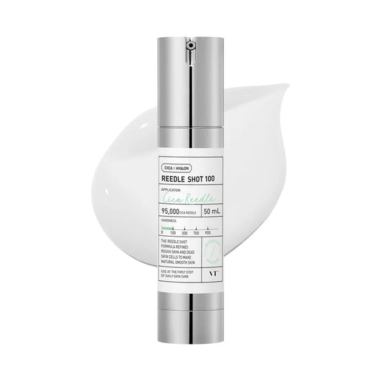 VT Cosmetics Reedle Shot 100 serum bottle with smooth skin cream texture on white background