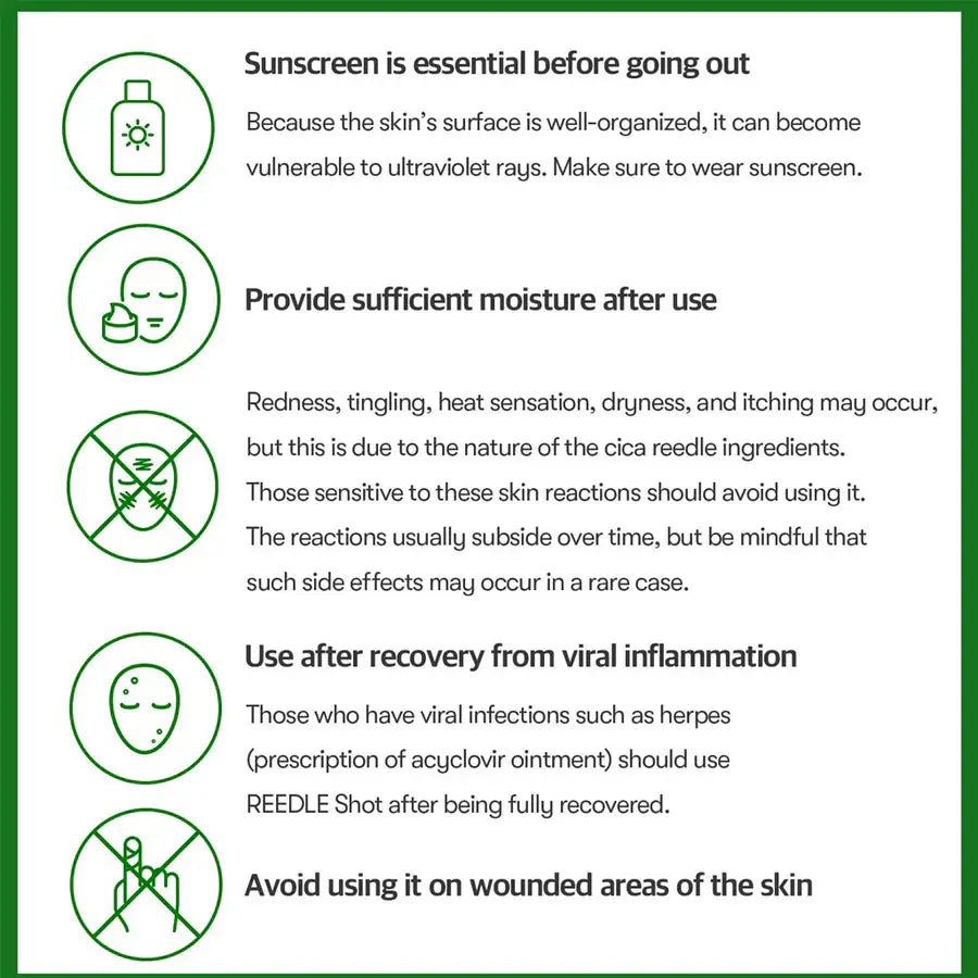VT Cosmetics Reedle Shot 100 serum usage instructions and skin care precautions for smooth skin