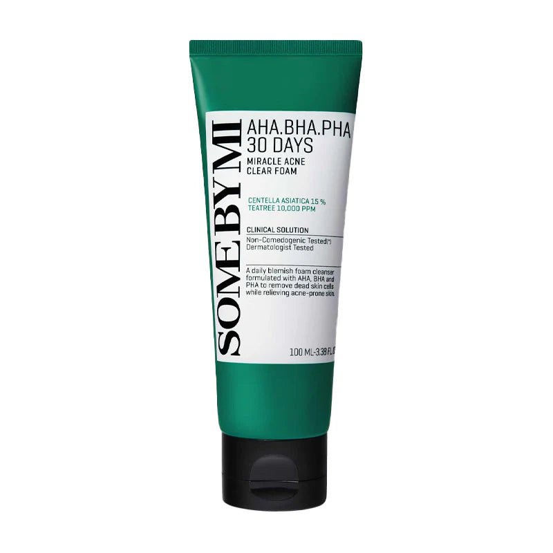 Some By Mi AHA BHA PHA acne cleanser 30 days Miracle Acne Clear Foam in green and white tube