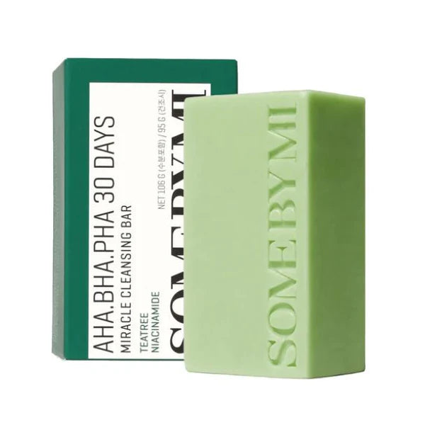 Some By Mi AHA BHA PHA cleansing bar with green packaging and embossed logo on soap bar