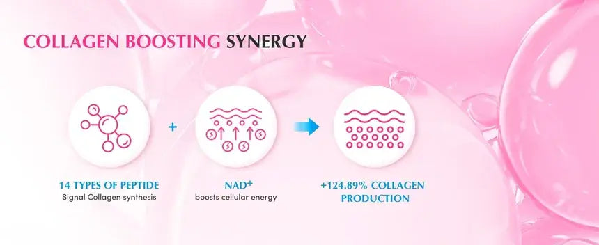 Collagen boosting synergy infographic featuring 14 types of peptide for stronger collagen production