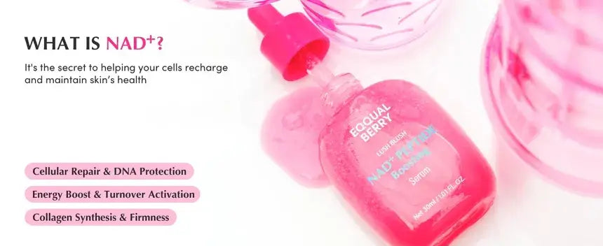 Zuzu Aura serum bottle labeled What is NAD+ with pink color, promoting hair density with the ordinary: multi-peptide serum for hair density