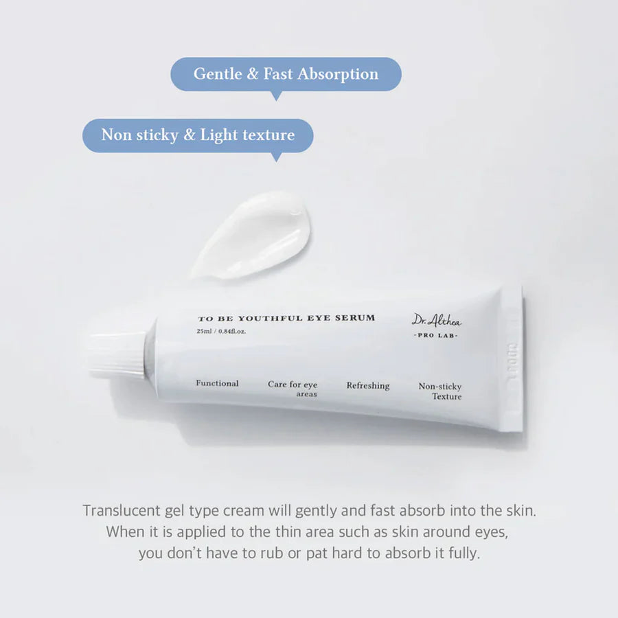 Dr Althea To Be Youthful Eye Serum 25ml tube with gel cream showing gentle fast absorption and light texture