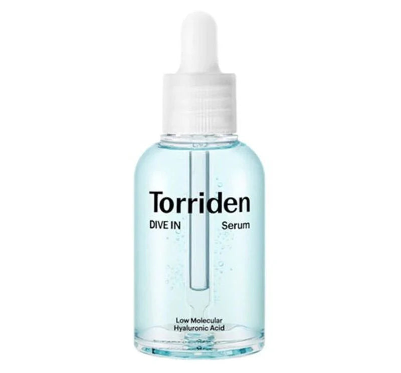 Torriden hyaluronic acid serum for glowing skin in clear dropper bottle with light blue liquid