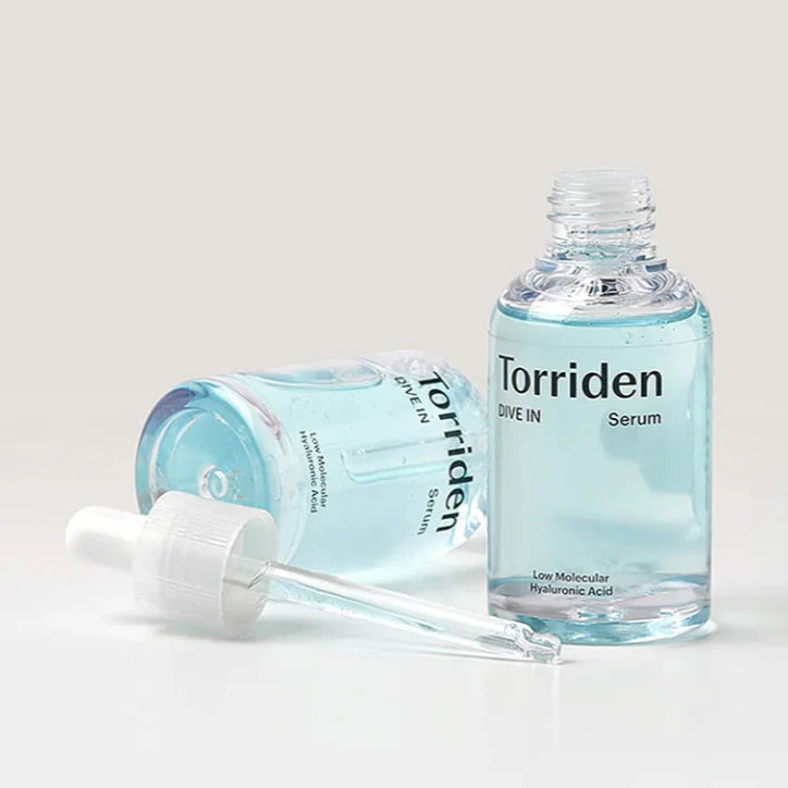 Torriden hyaluronic acid serum for glowing skin with clear blue liquid and dropper bottle