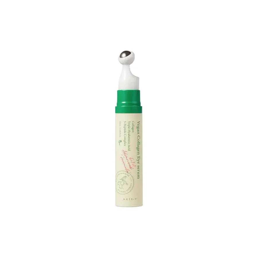 AXIS-Y vegan collagen eye serum in a cream tube with a green cap and applicator tip